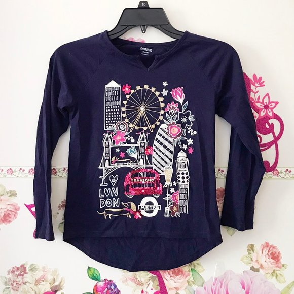 Gymboree Navy Blue London bridge Red Bus Sparkly Sequined Shirt Top Girls 7 8 - Picture 7 of 8
